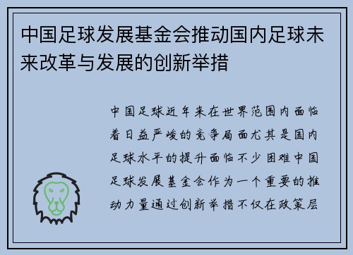 中国足球发展基金会推动国内足球未来改革与发展的创新举措