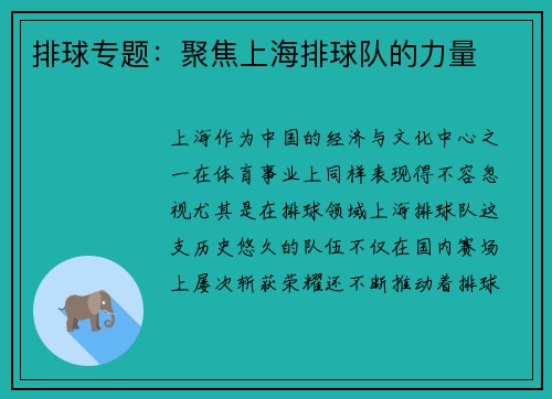 排球专题：聚焦上海排球队的力量