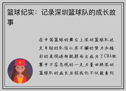 篮球纪实：记录深圳篮球队的成长故事
