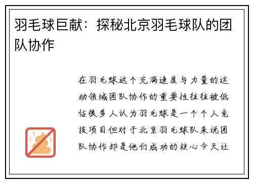 羽毛球巨献：探秘北京羽毛球队的团队协作
