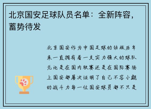 北京国安足球队员名单：全新阵容，蓄势待发