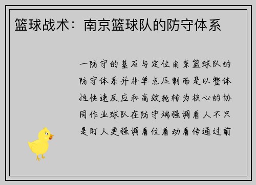 篮球战术：南京篮球队的防守体系