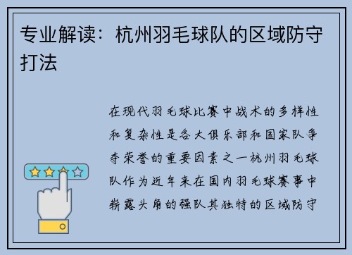 专业解读：杭州羽毛球队的区域防守打法